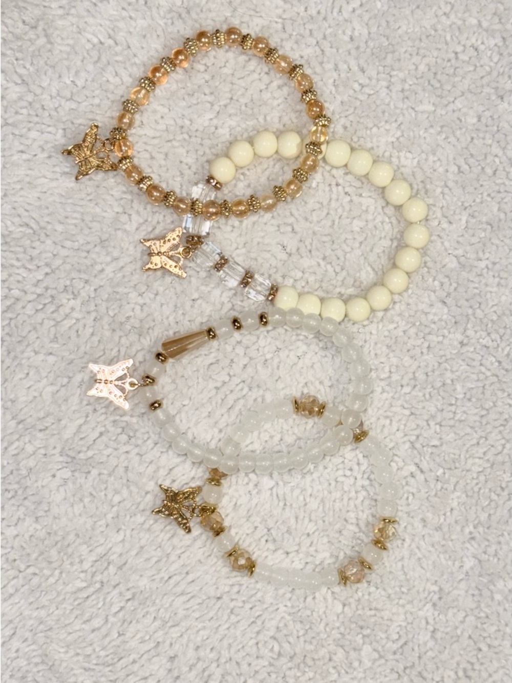 Boho Gold Butterfly Charm Beaded Bracelet Set Stack Cream Amber 4PC Stretch New - Picture 3 of 12